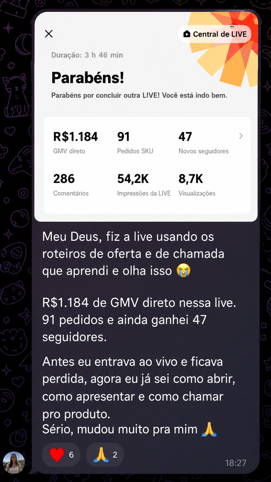 Depoimento de live com R$1.184 em GMV direto e 91 pedidos